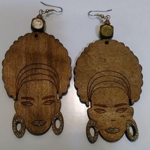 New Brown African Woman Wooden Earrings